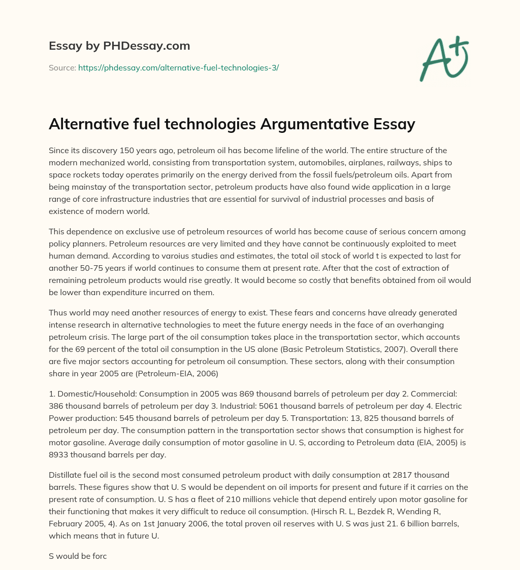 Alternative fuel technologies Argumentative Essay essay
