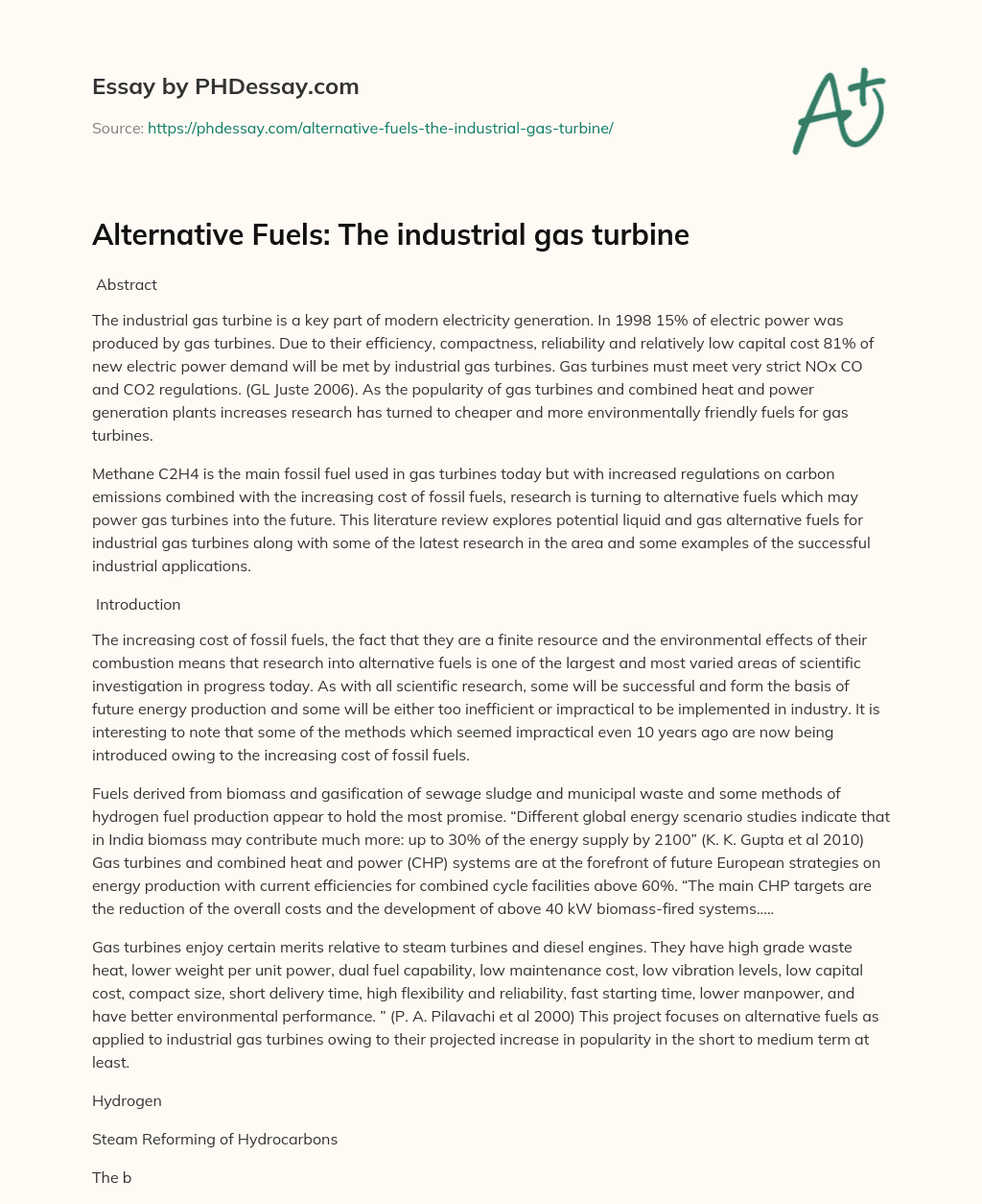 Alternative Fuels: The industrial gas turbine essay