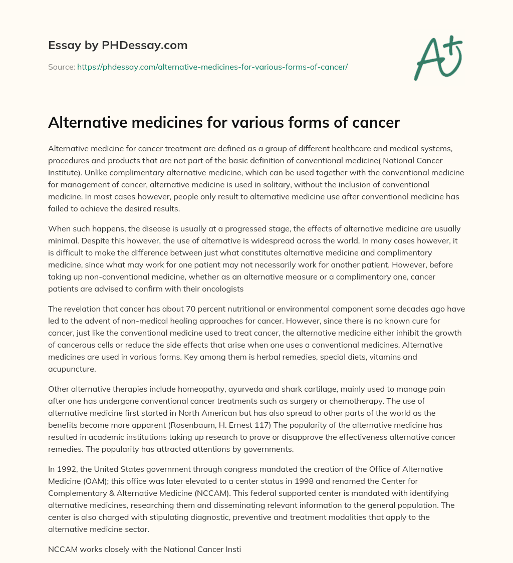Alternative medicines for various forms of cancer essay
