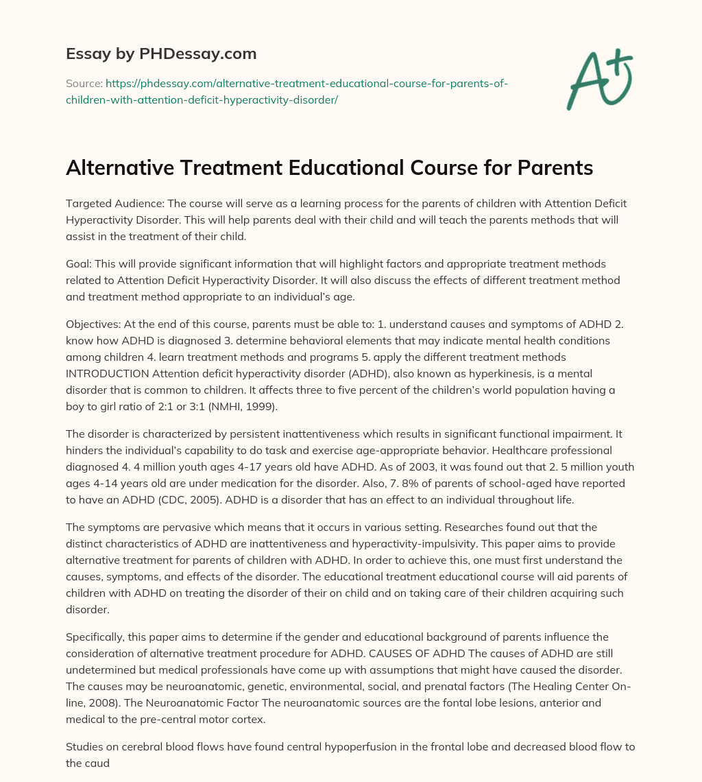 Alternative Treatment Educational Course for Parents essay