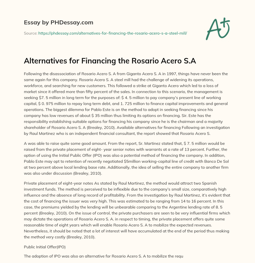 Alternatives for Financing the Rosario Acero S.A essay