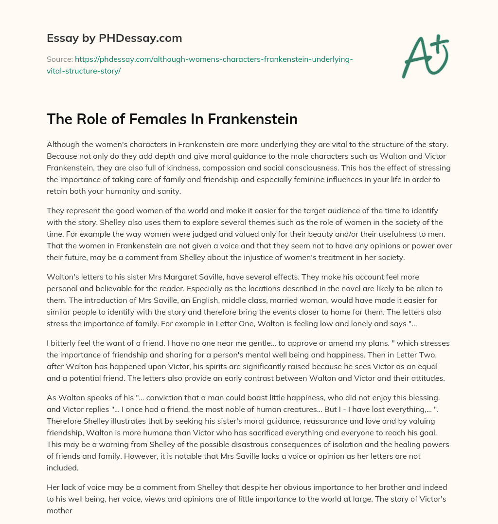 The Role of Females In Frankenstein essay