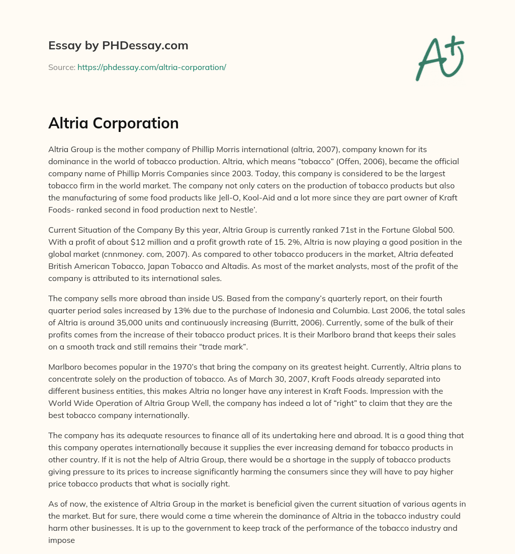 Altria Corporation essay