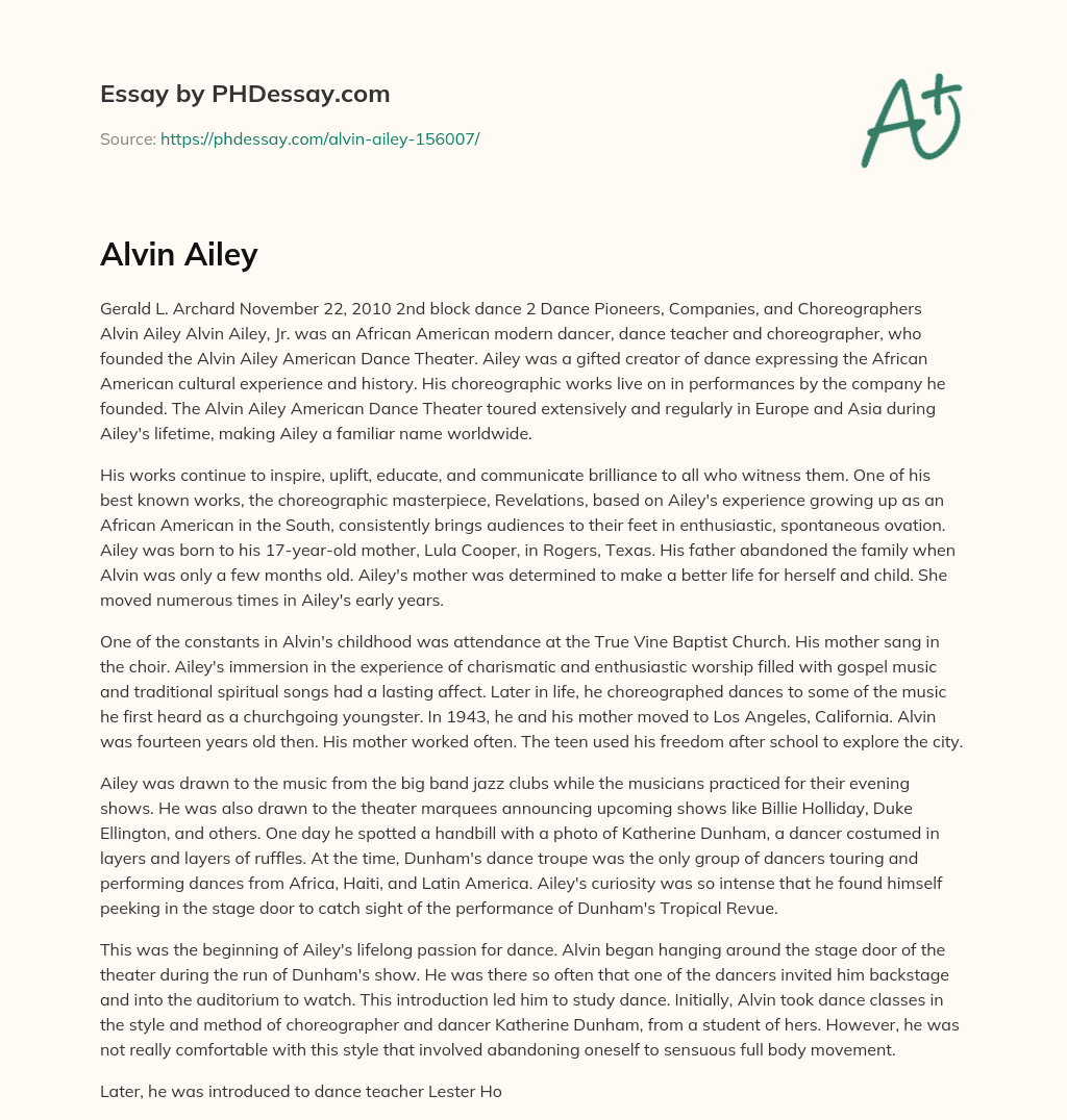 Alvin Ailey: A Pioneer of African American Modern Dance essay