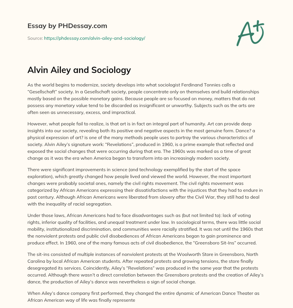 Alvin Ailey and Sociology essay