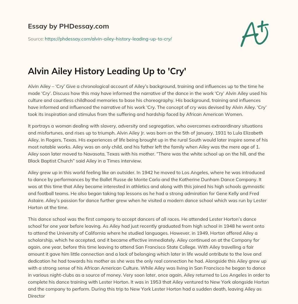 Alvin Ailey History Leading Up to ‘Cry’ essay