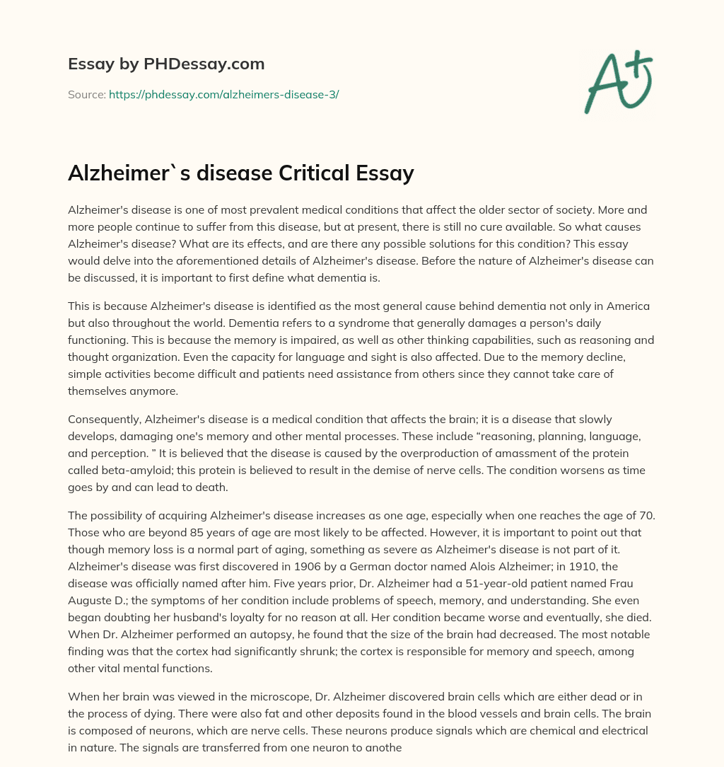 Alzheimer`s disease Critical Essay essay