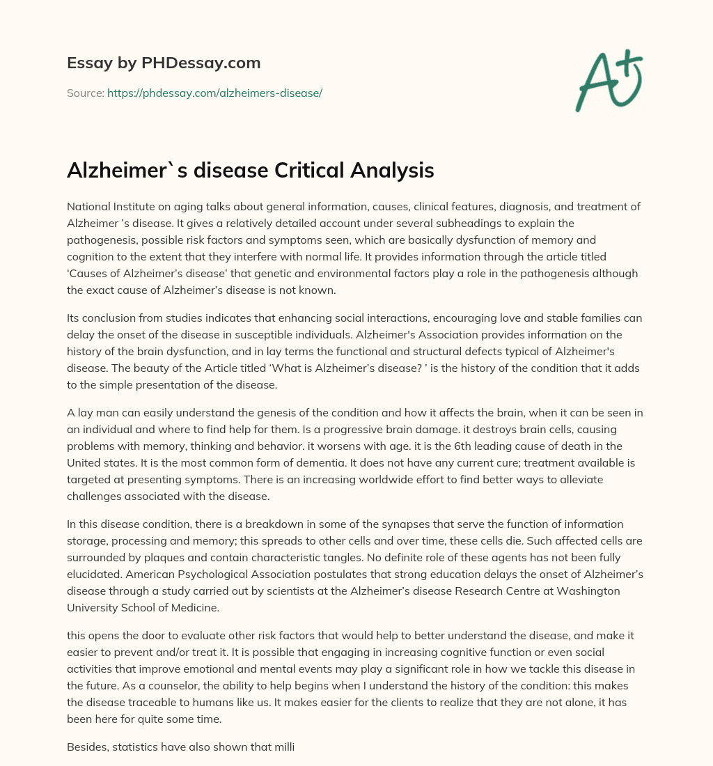 Alzheimer`s disease Critical Analysis essay