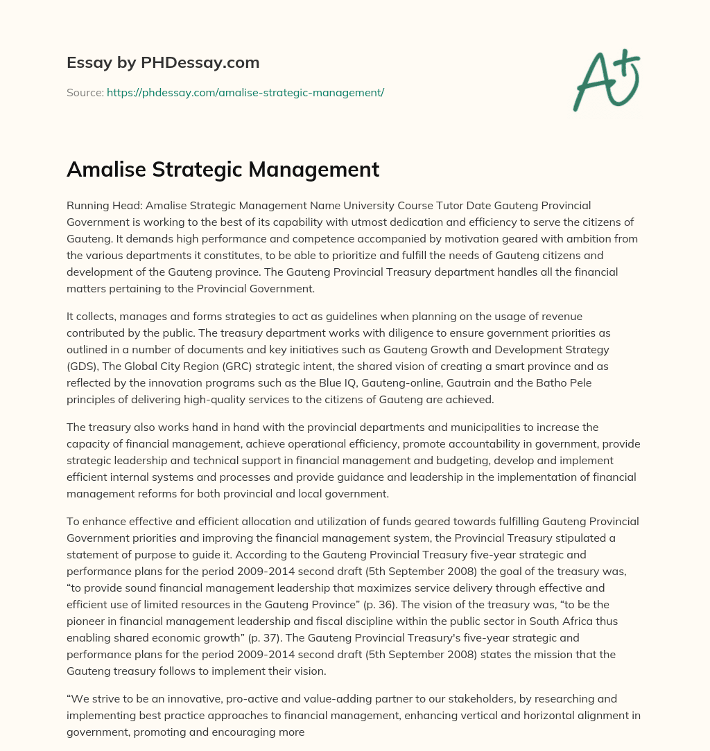 Amalise Strategic Management essay