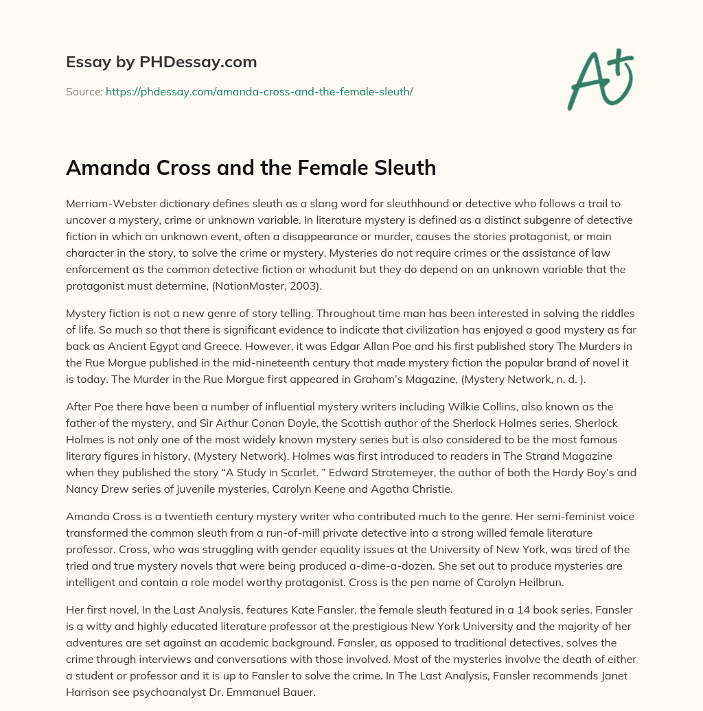 Amanda Cross and the Female Sleuth essay