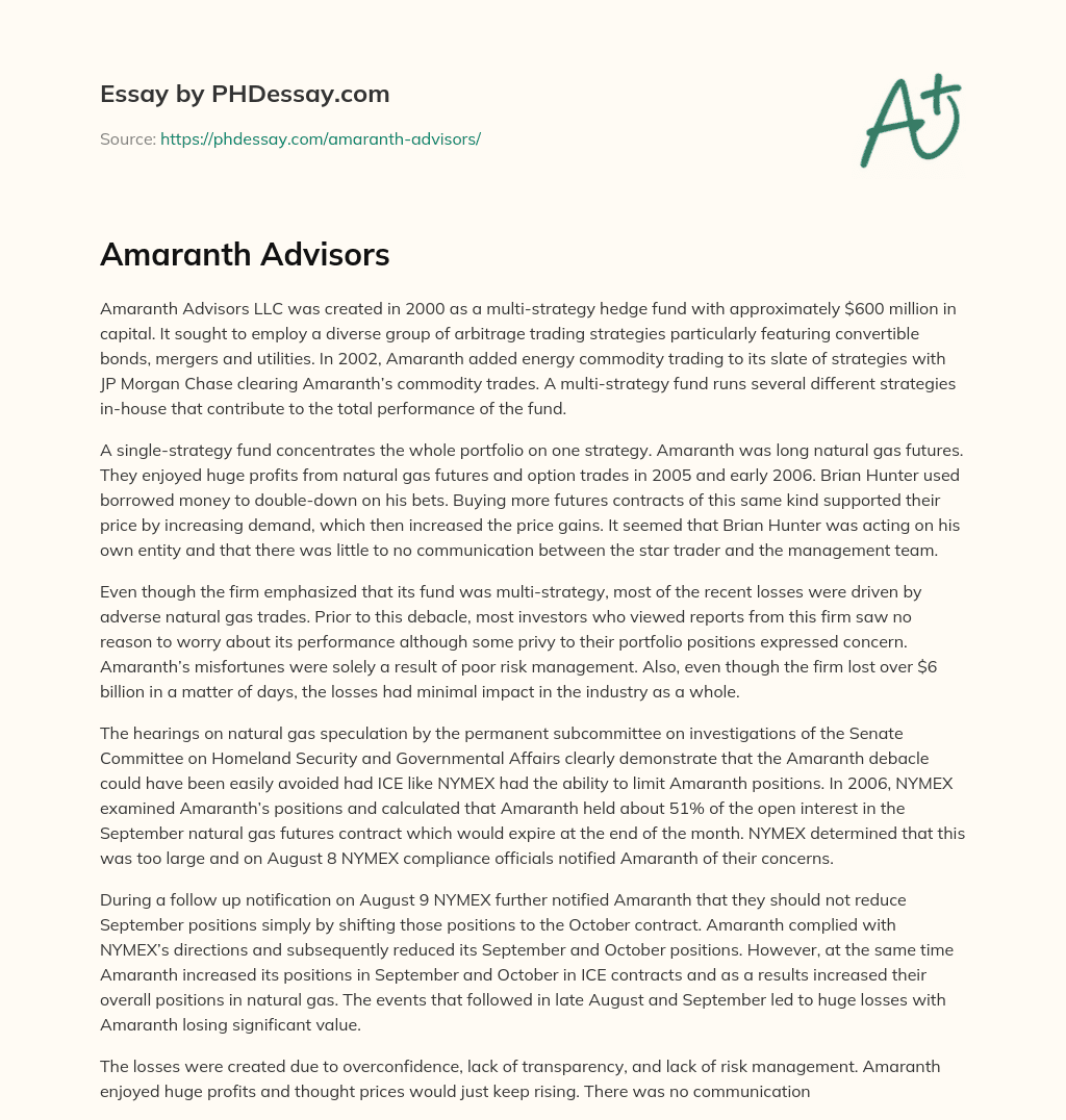 Amaranth Advisors essay