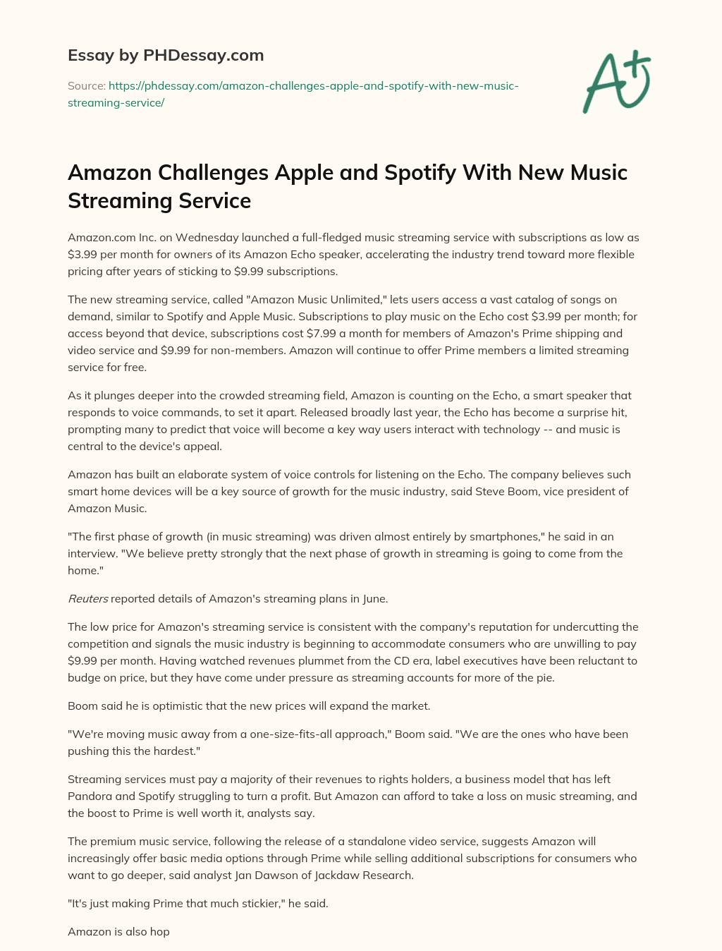Amazon Challenges Apple and Spotify With New Music Streaming Service essay