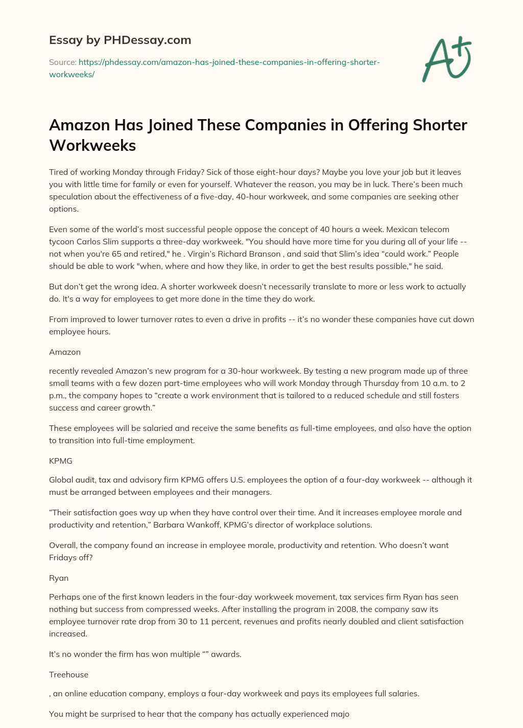 Amazon Has Joined These Companies in Offering Shorter Workweeks essay