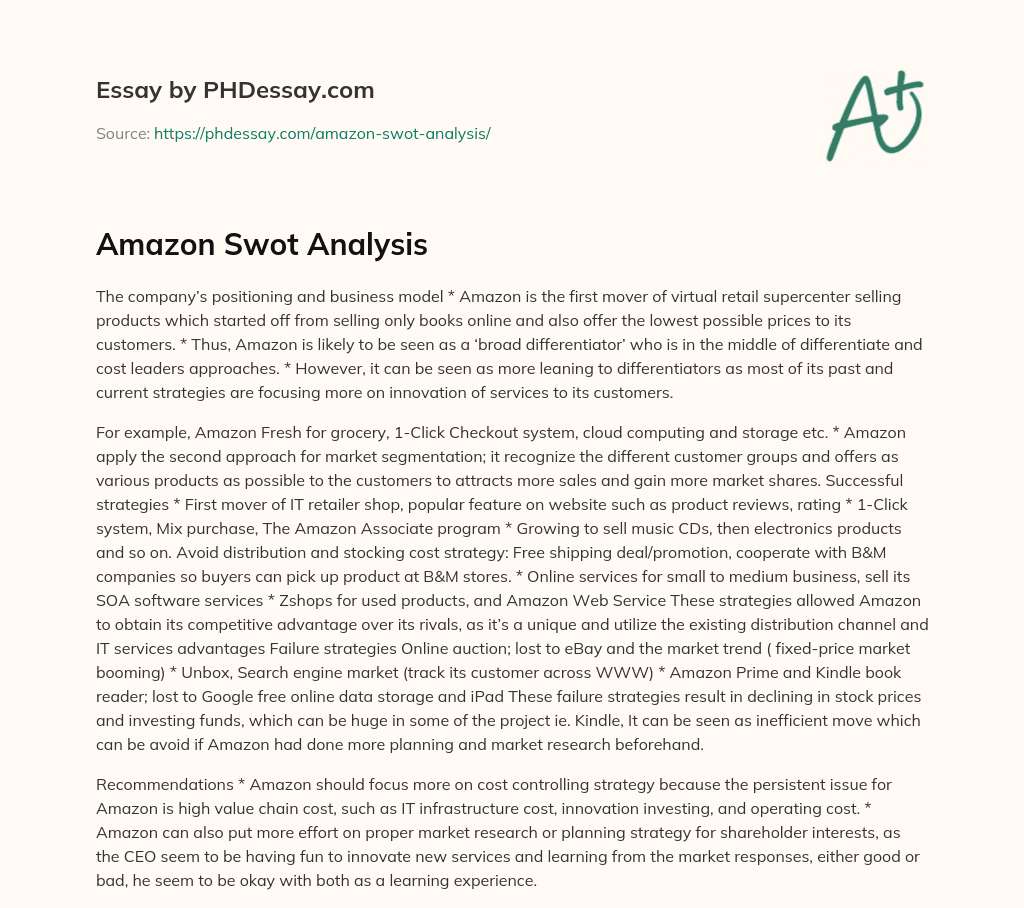 Amazon Swot Analysis essay