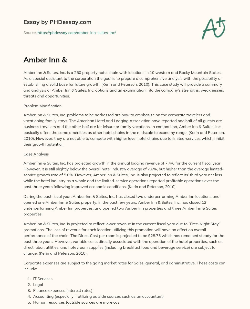 Analysis of Amber Inn & Suites, Inc. and Strategies for Future Growth essay