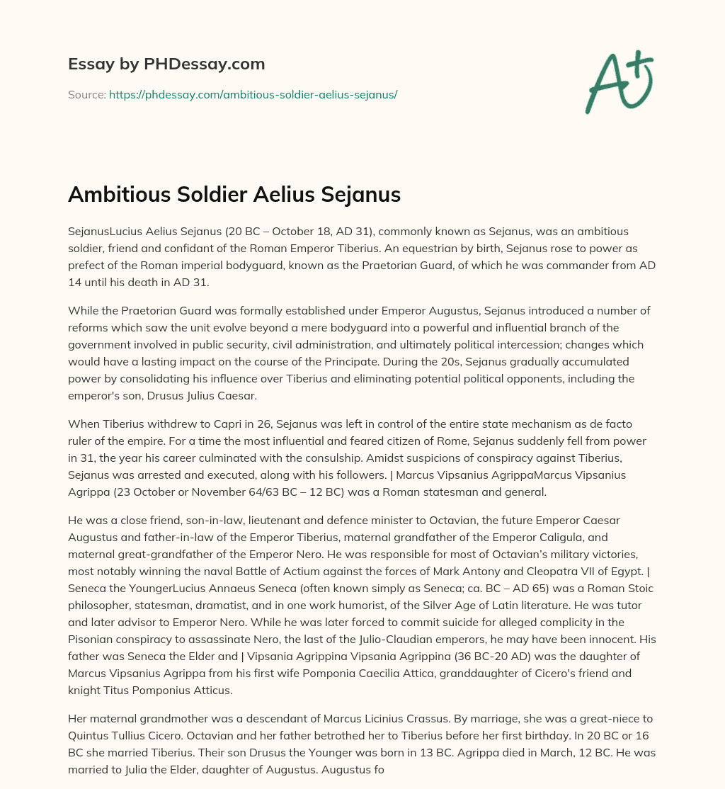 Ambitious Soldier Aelius Sejanus essay