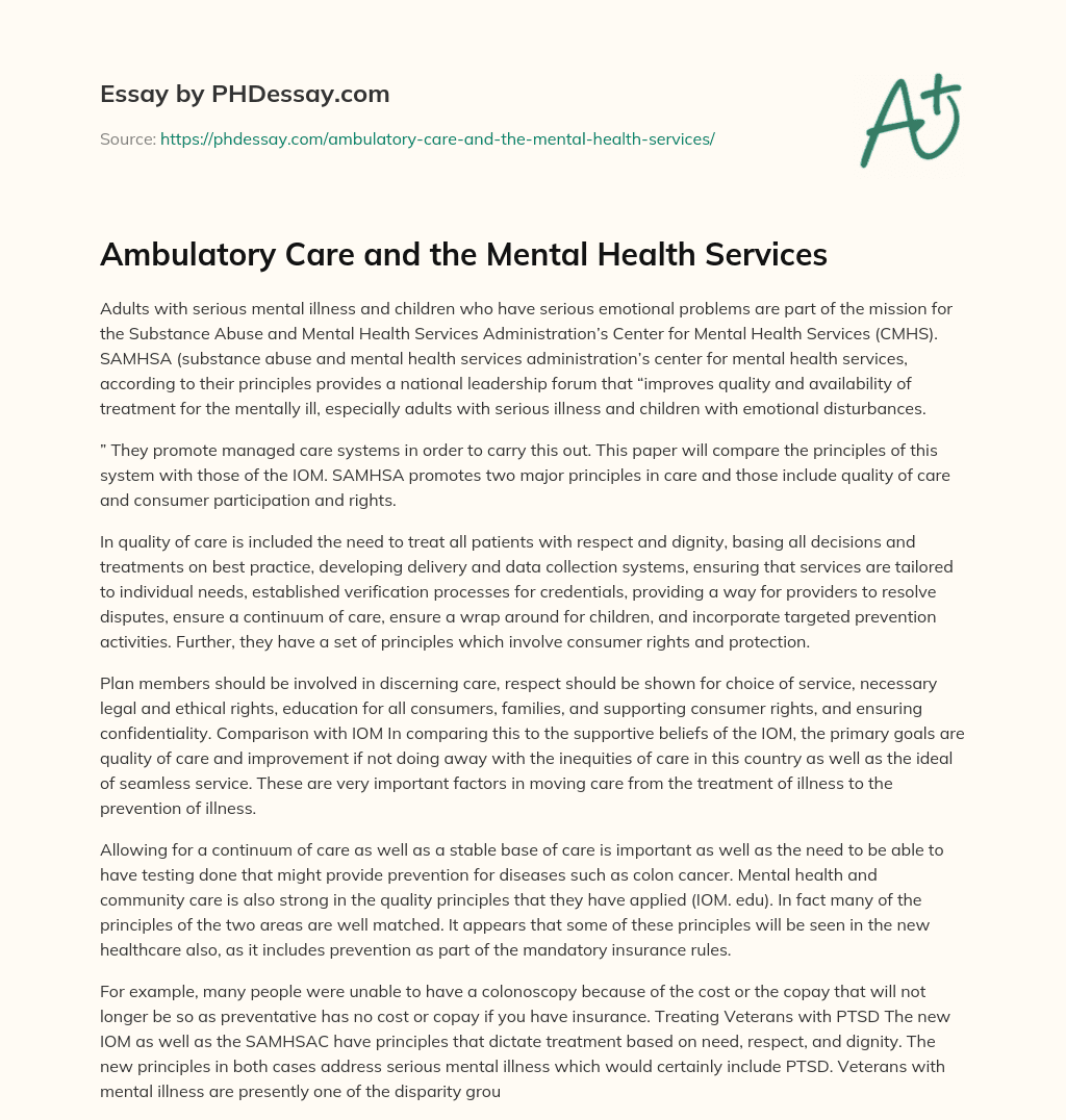 Ambulatory Care and the Mental Health Services essay