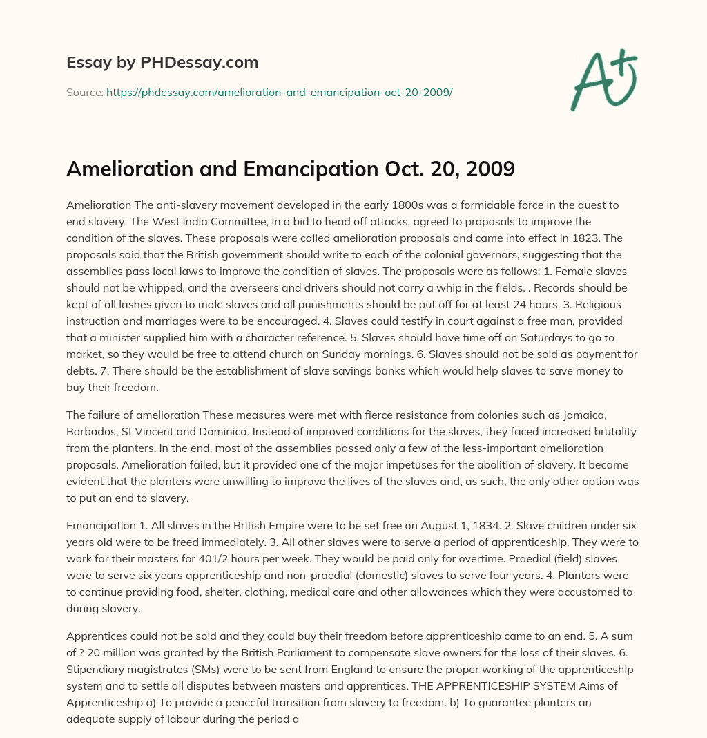 Amelioration and Emancipation Oct. 20, 2009 essay