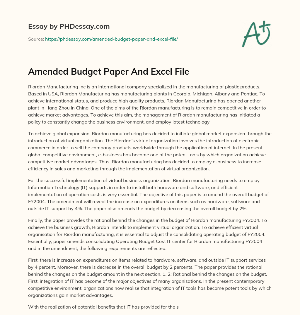 Amended Budget Paper And Excel File essay