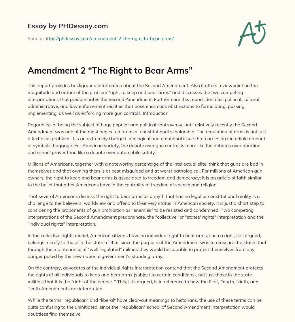 Amendment 2 “The Right to Bear Arms” essay