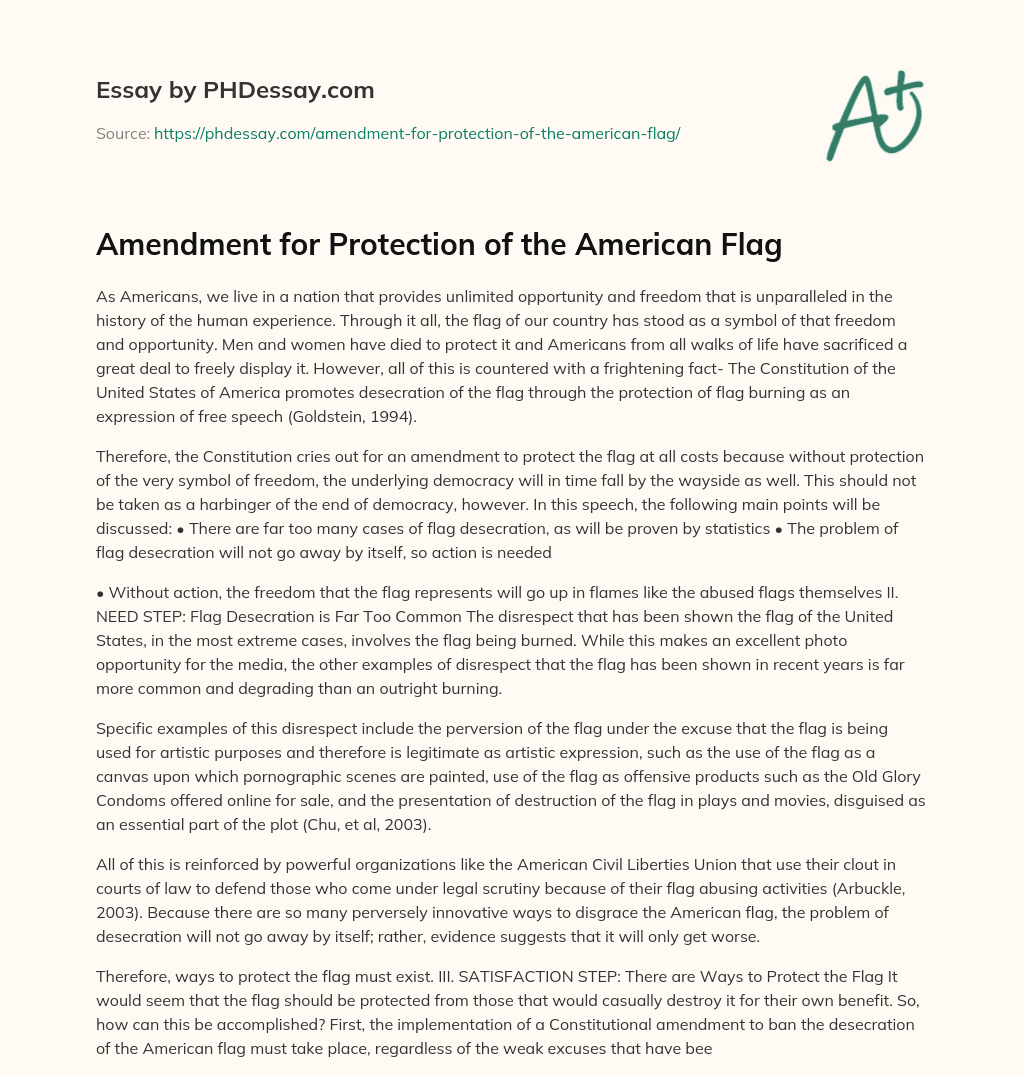 Amendment for Protection of the American Flag essay
