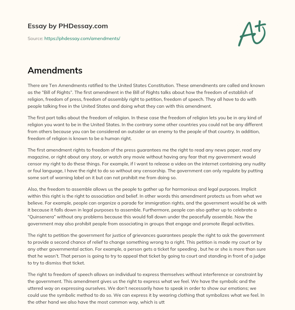 The First Amendment: Protecting Freedom of Religion, Press, Assembly, Speech, and Petition in the US essay
