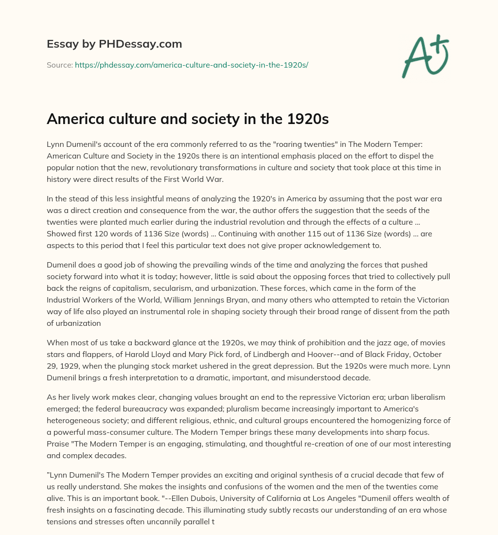 America culture and society in the 1920s essay