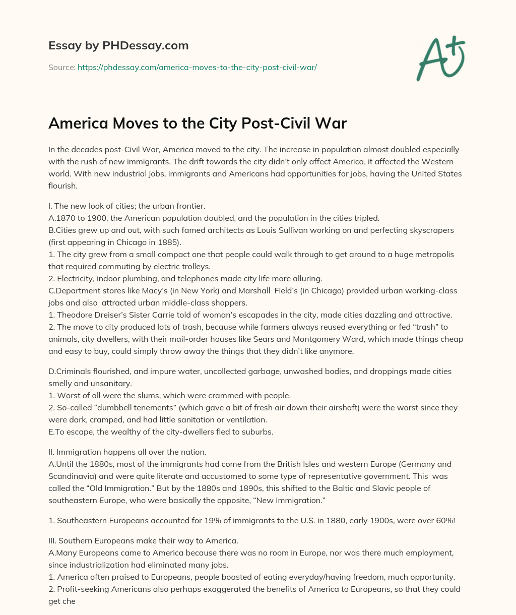 America Moves to the City Post-Civil War essay