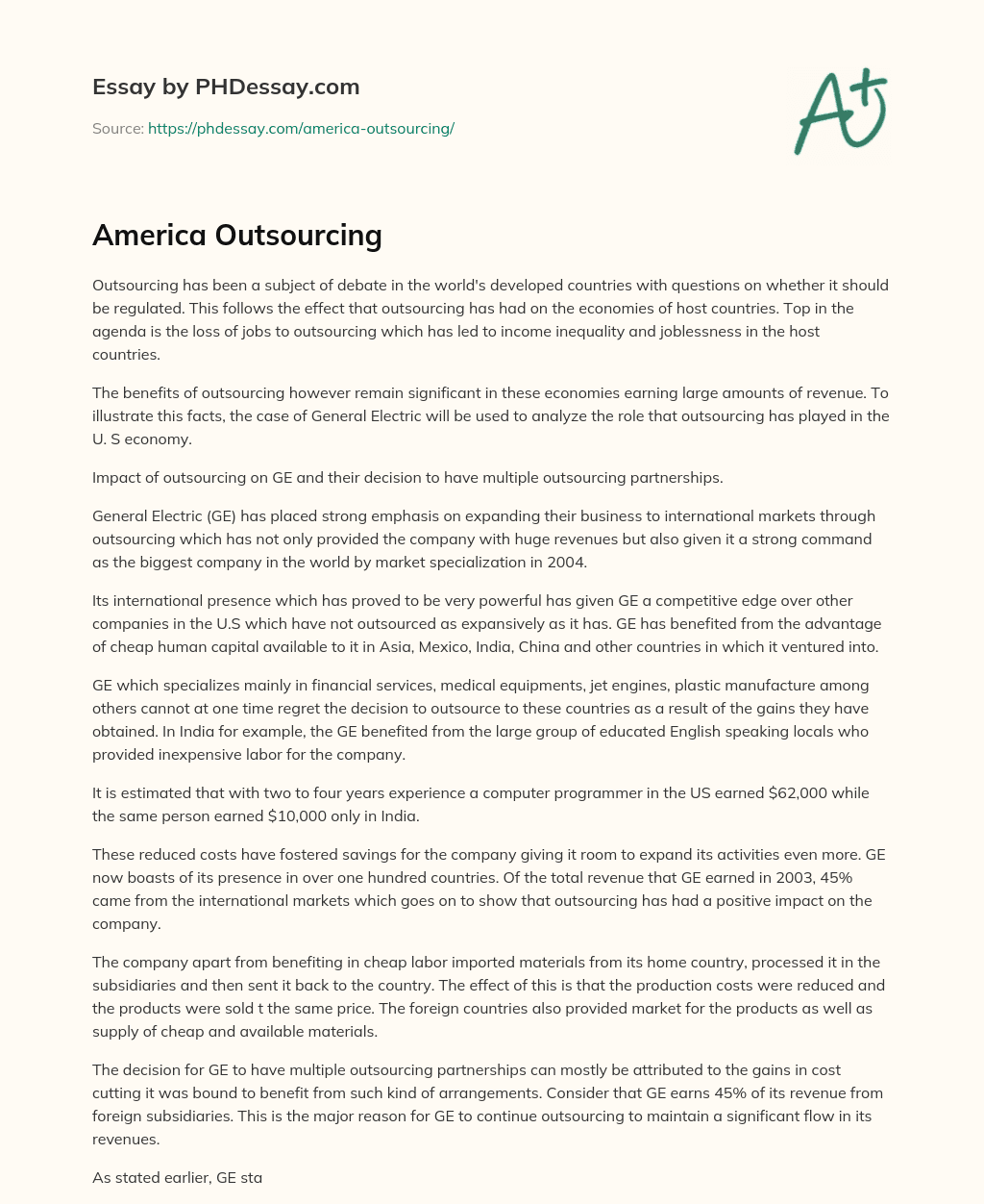 America Outsourcing essay