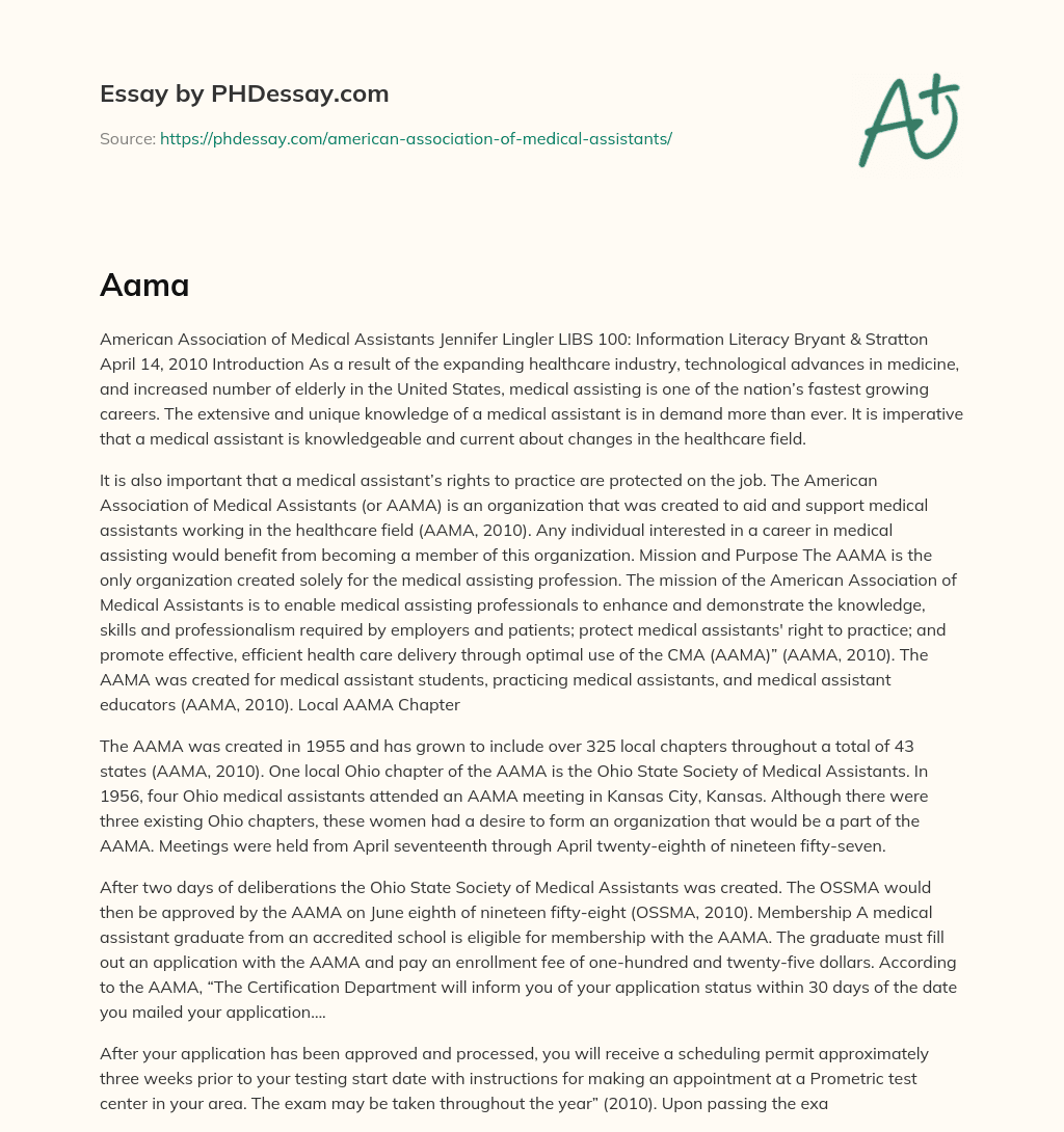 American Association of Medical Assistants: Supporting and Protecting Medical Assistants in the Healthcare Field essay