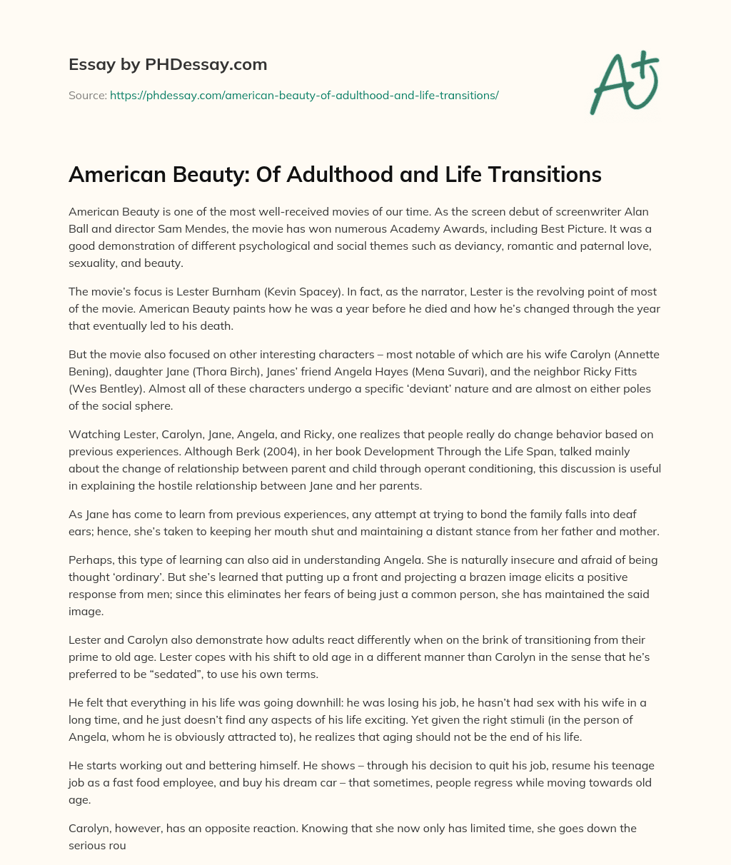 American Beauty: Of Adulthood and Life Transitions essay