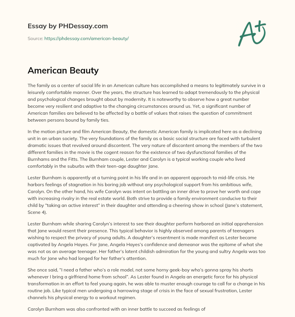 The American family: adapting to modernity or facing decline? A look at the film American Beauty essay