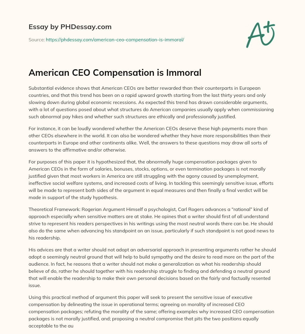 American CEO Compensation is Immoral essay