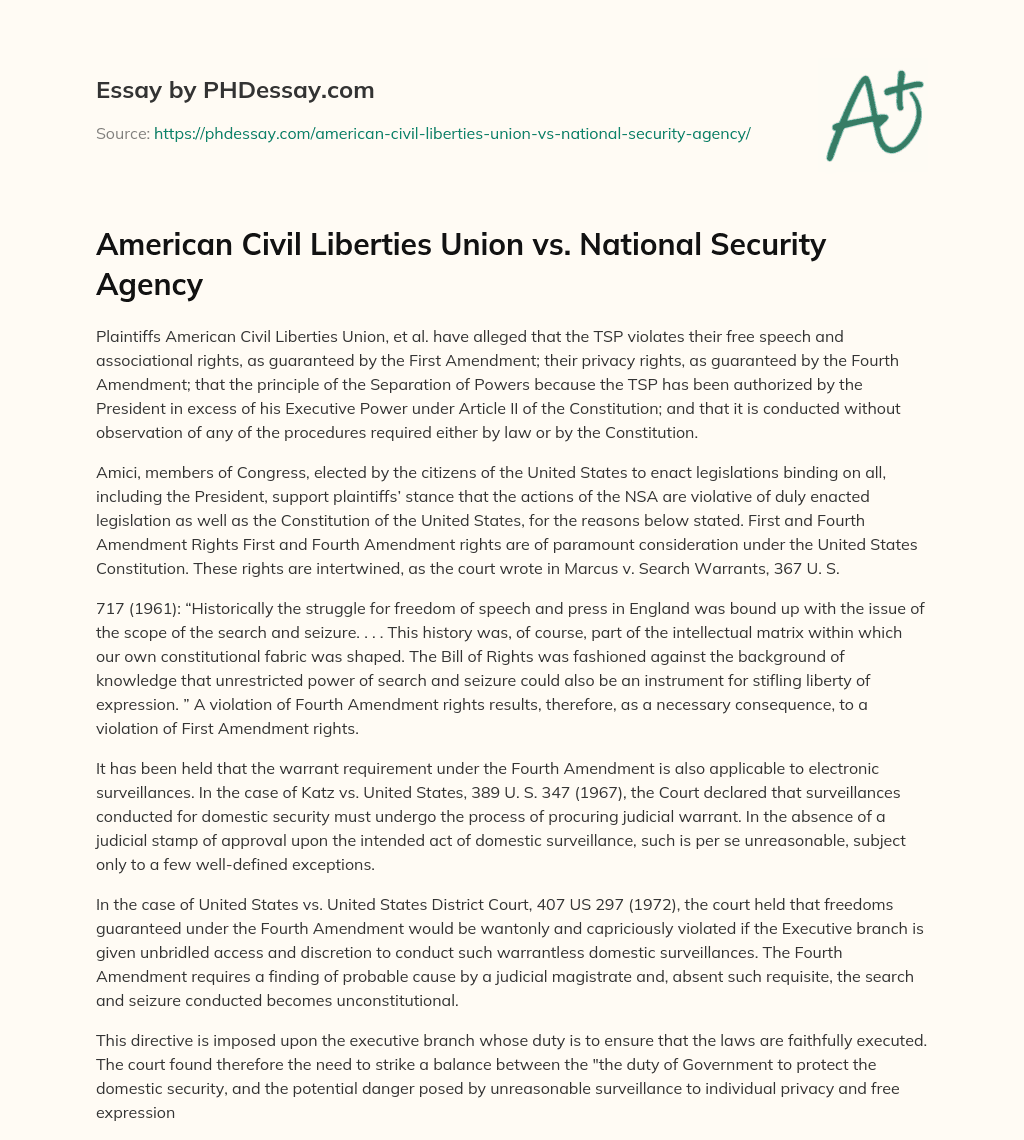 American Civil Liberties Union vs. National Security Agency essay