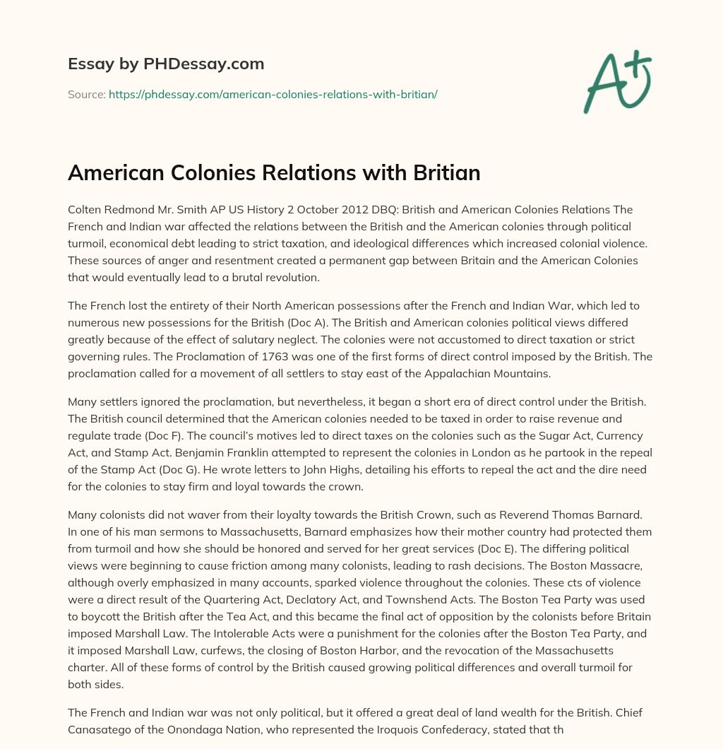 American Colonies Relations with Britian essay