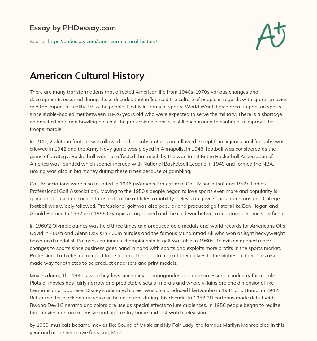 American Cultural History essay