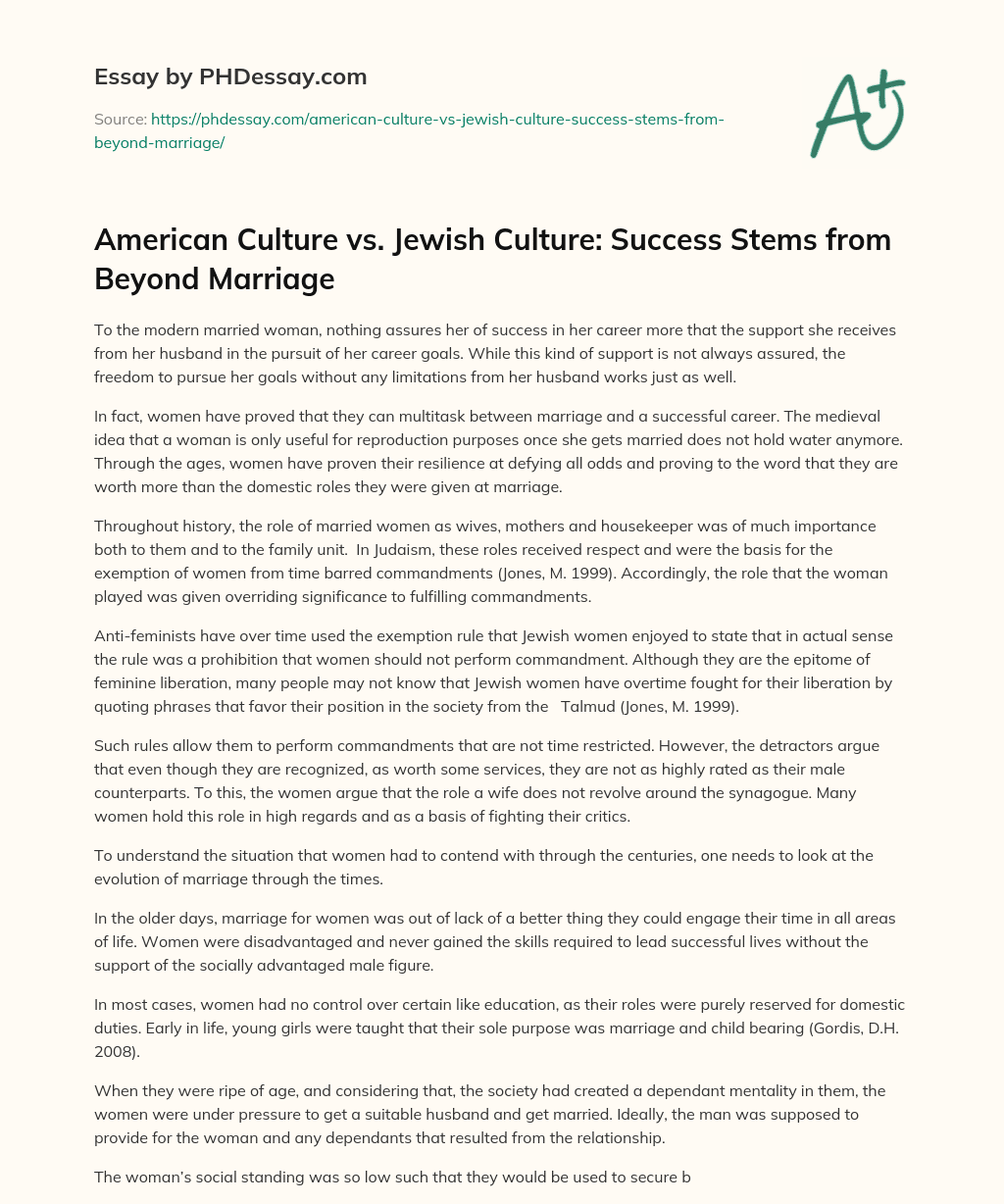 American Culture vs. Jewish Culture: Success Stems from Beyond Marriage essay