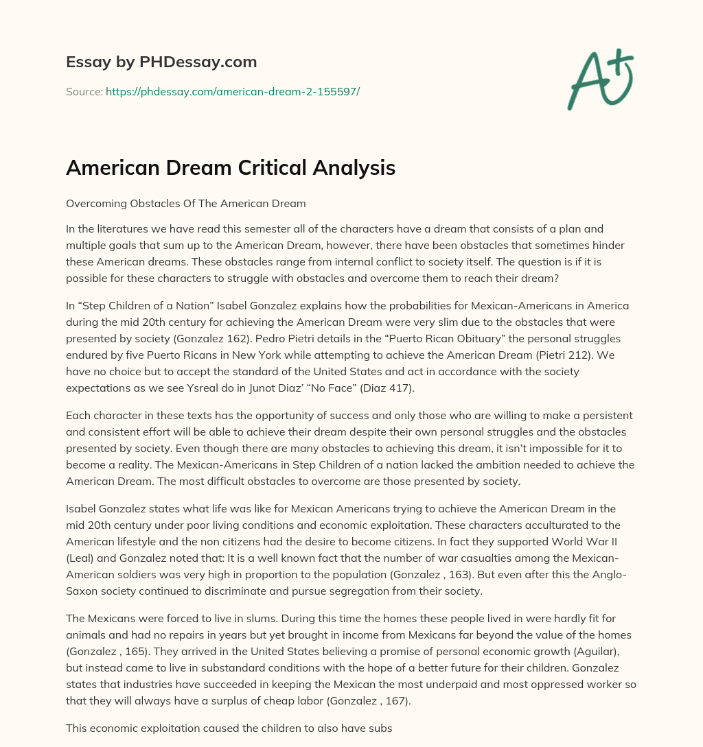 American Dream Critical Analysis essay