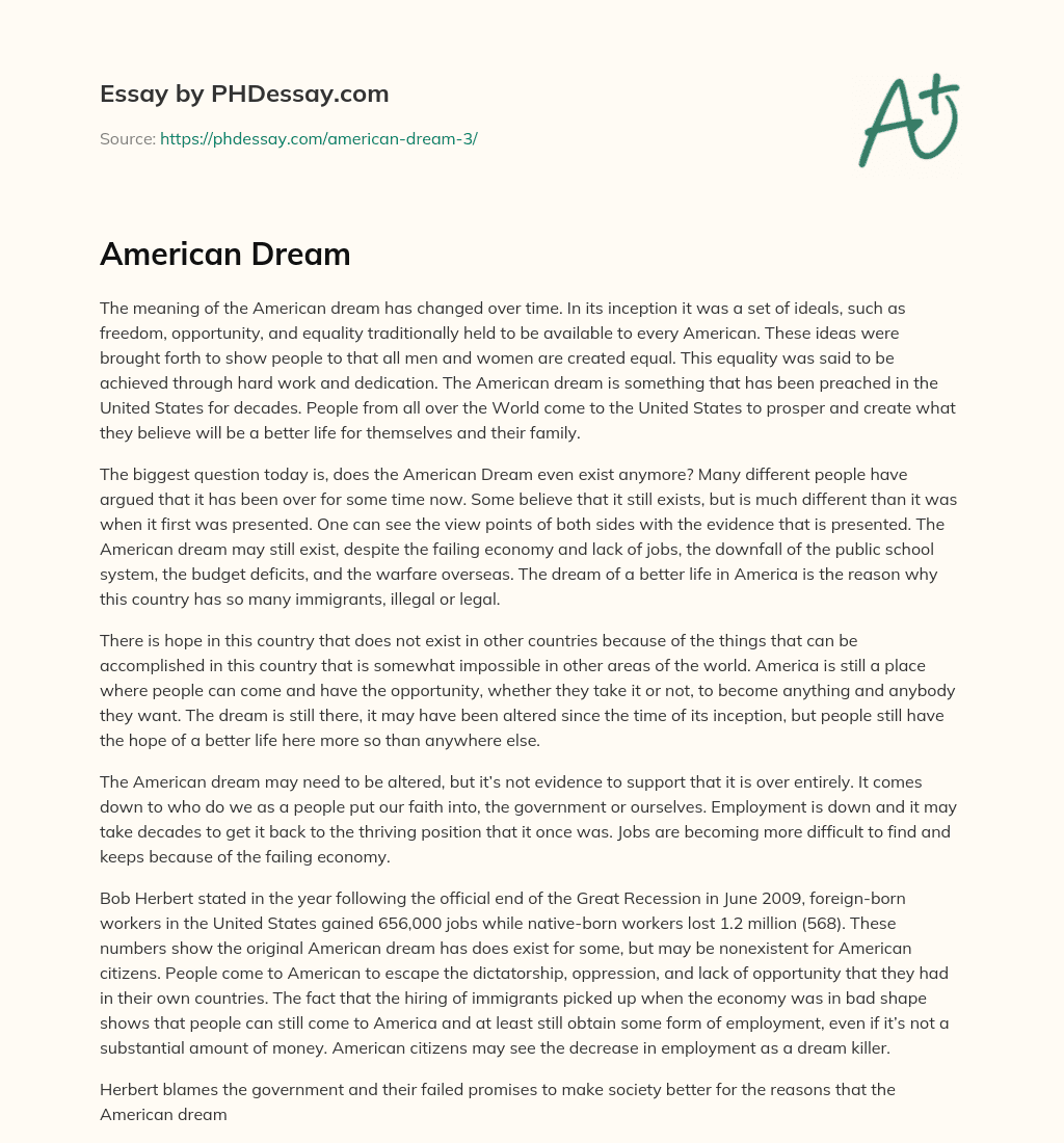 The Changing Meaning of the American Dream essay