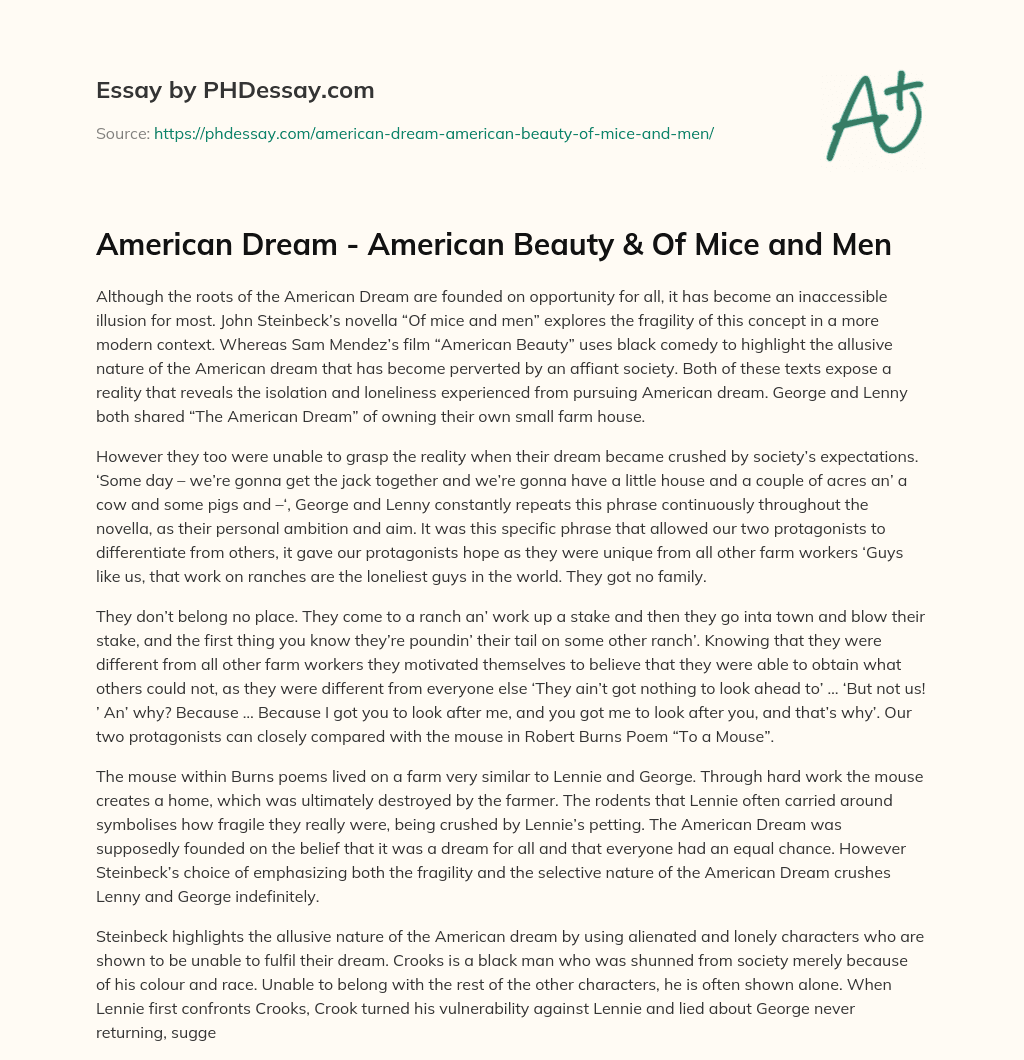 American Dream – American Beauty & Of Mice and Men essay