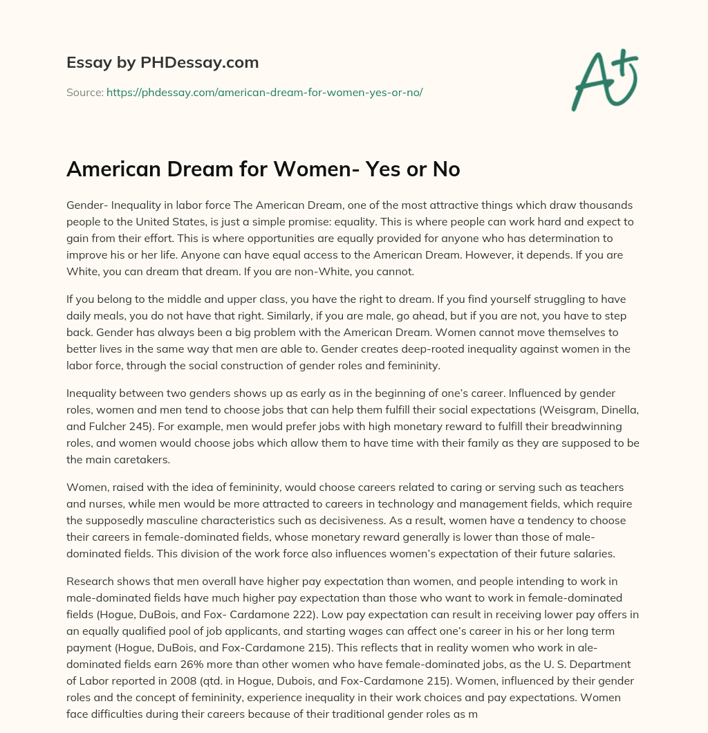 American Dream for Women- Yes or No essay