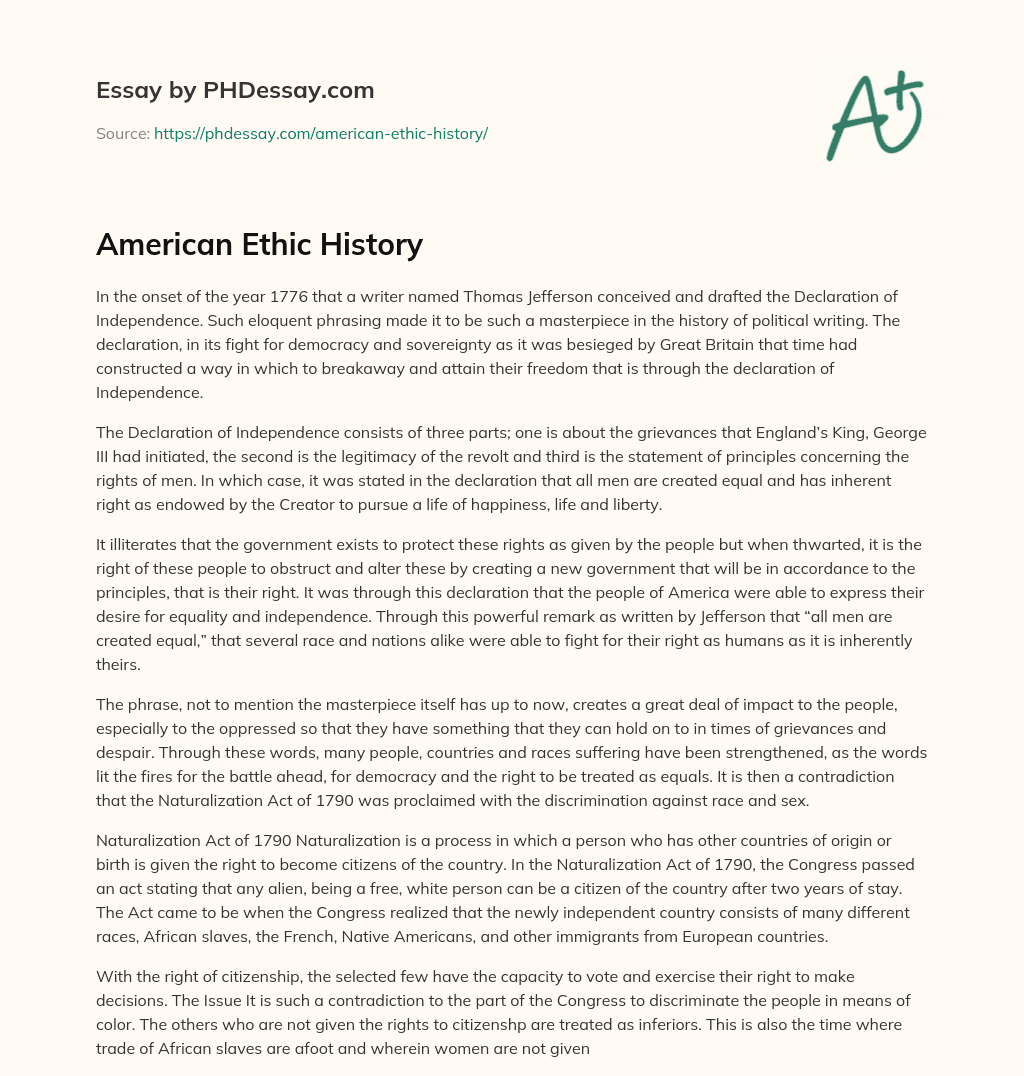 American Ethic History essay