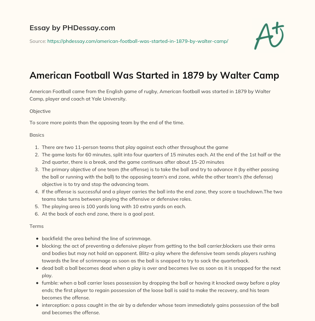 American Football Was Started in 1879 by Walter Camp essay