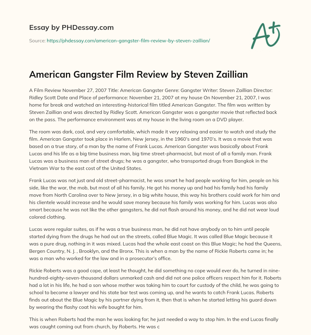 American Gangster Film Review by Steven Zaillian essay