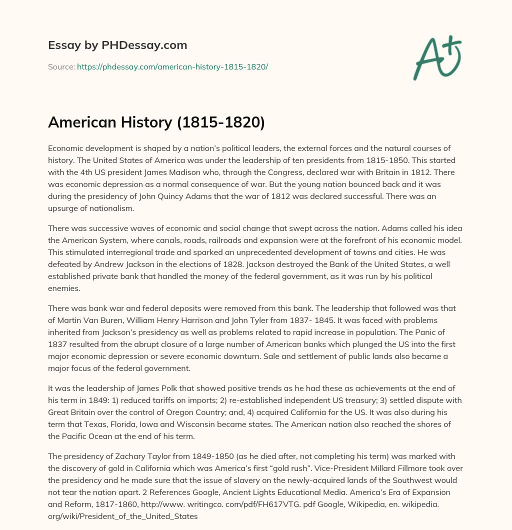 American History (1815-1820) essay