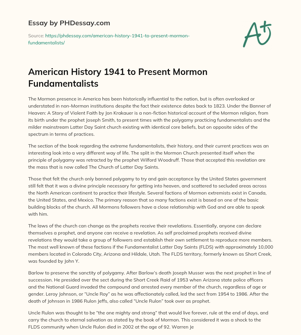 American History 1941 to Present Mormon Fundamentalists essay