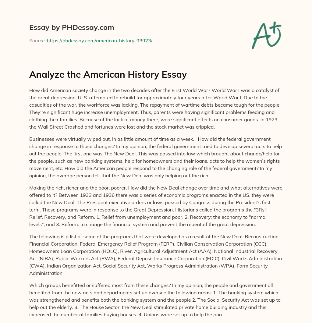 The Impact of World War I on American Society and the New Deal Response essay