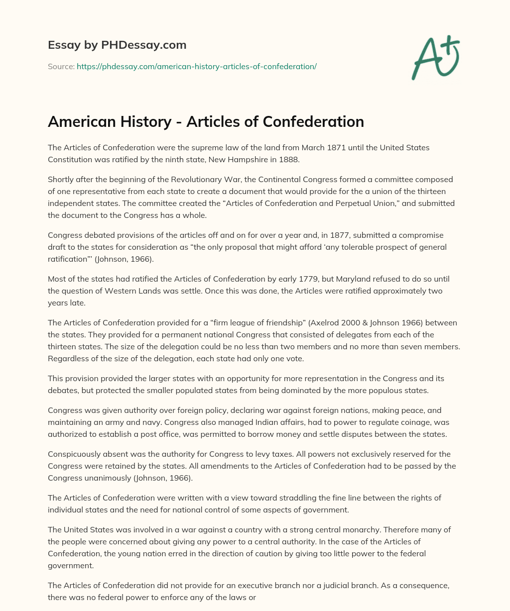 American History – Articles of Confederation essay
