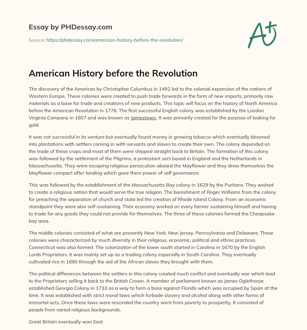 American History before the Revolution essay