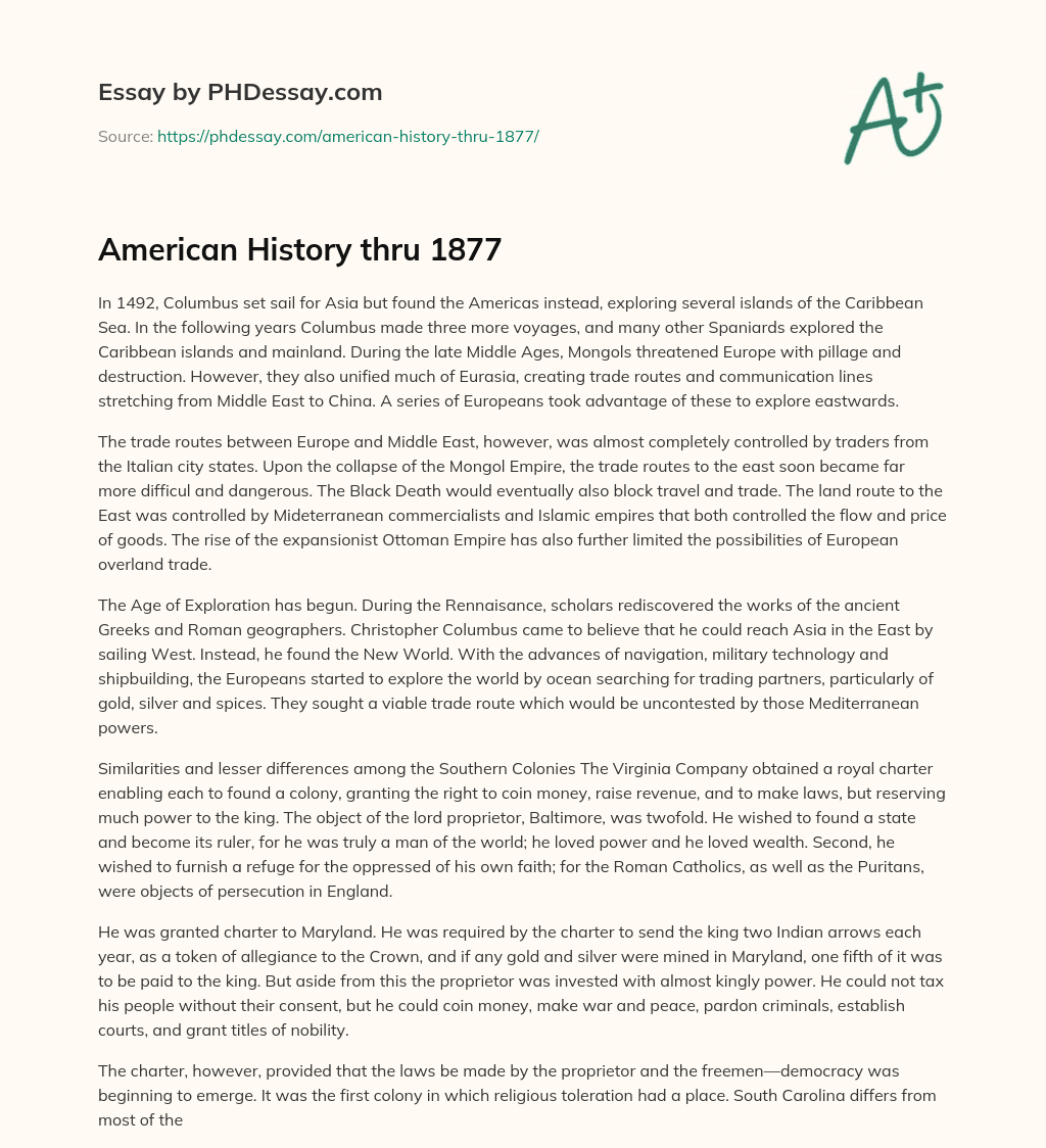 American History thru 1877 essay